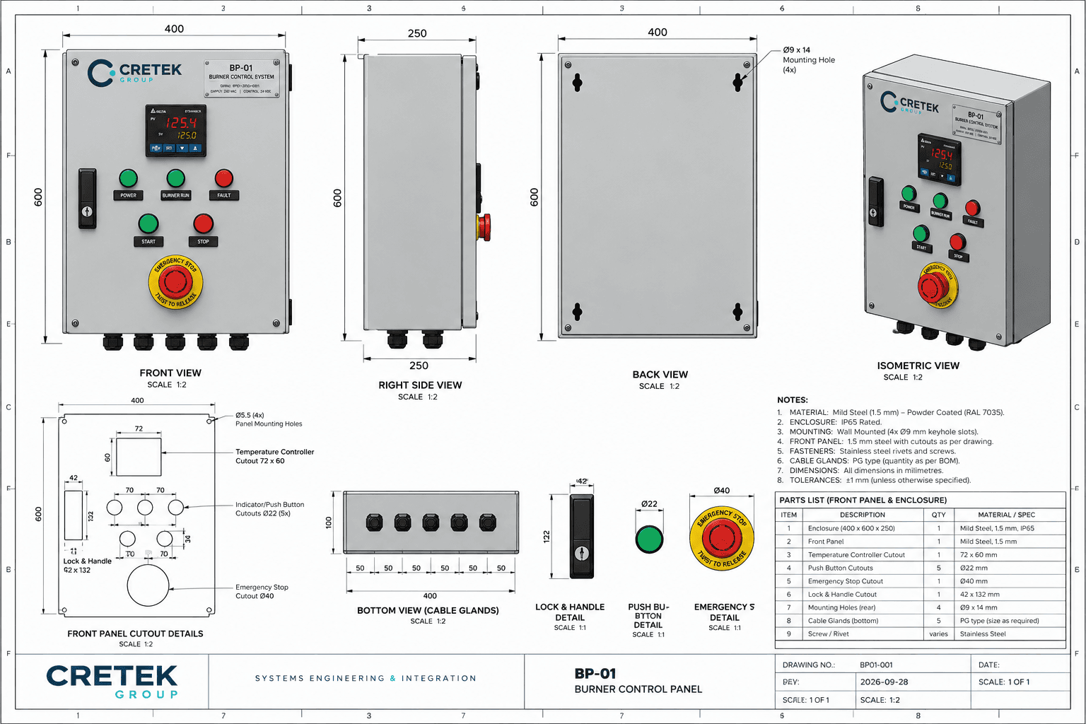 BP-01 general arrangement drawing with dimensions, front panel cut-outs and parts list